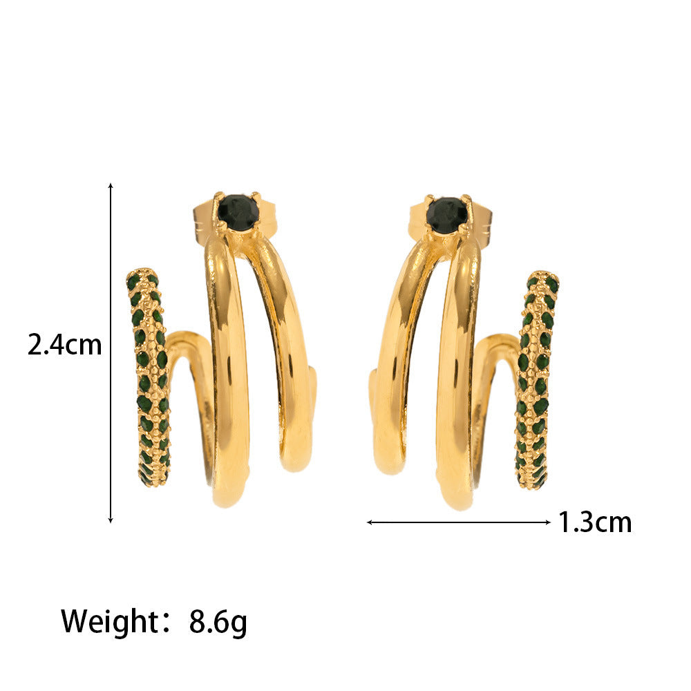 Wishes Fashion Earrings 18K Gold-plated Stainless Steel Three-layer Greenwhite Cubic Zirconia Geometric Ear Studs