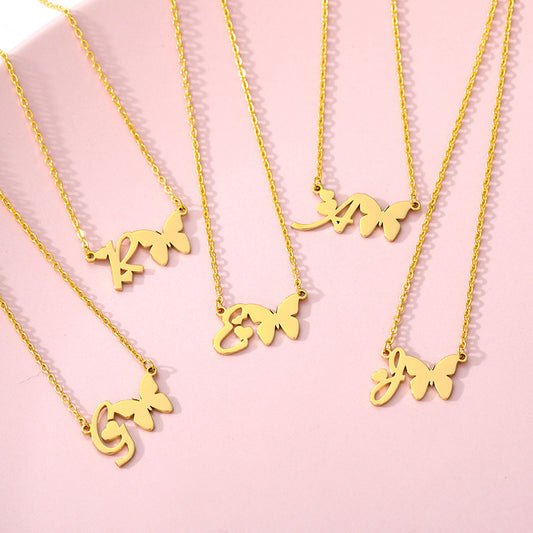 Wishes Stainless Steel Gold Silver Butterfly Letter Necklace