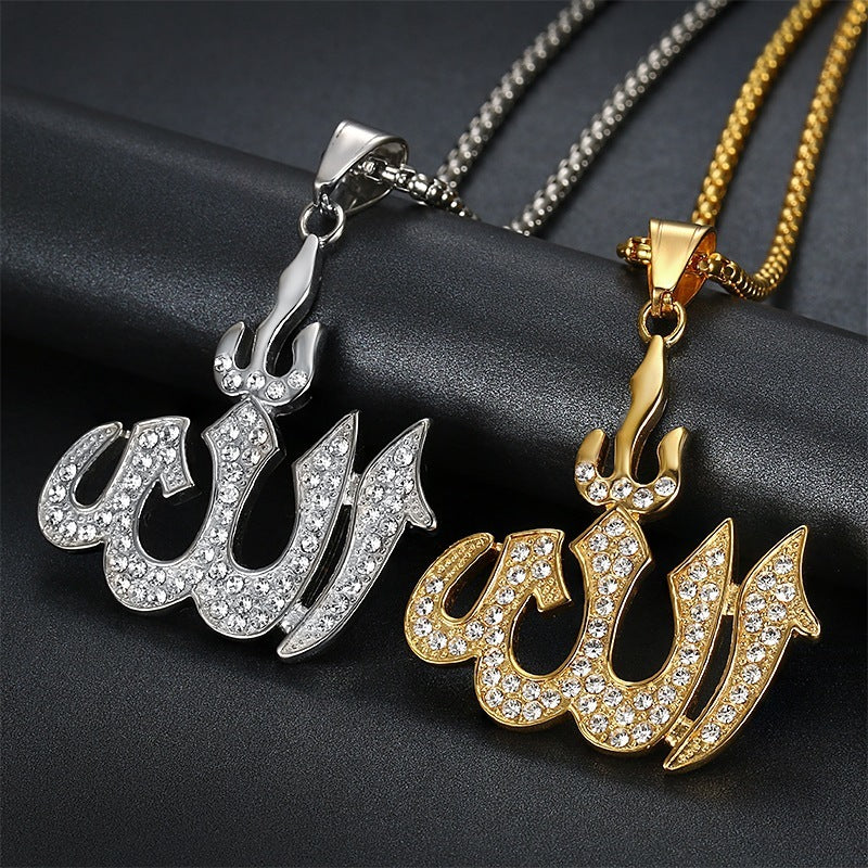 Titanium Steel Gold Plated Diamond Religious Letter Symbol Pendant Necklace