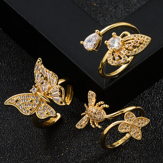 Trendy Copper Gold Plated Micro Set Zircon Bee Ring