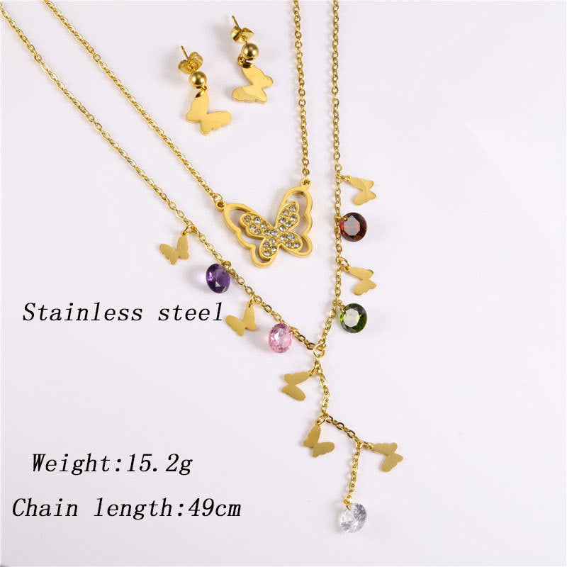 Wishes Stainless steel multilayer necklace and steel earrings