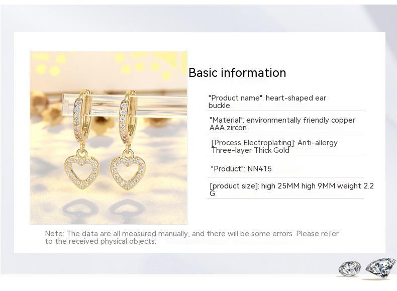 wishes  French Retro S925 Sterling Silver Full Inlaid Love Heart Earrings High-grade Light Luxury Ear Clip Gold Plated