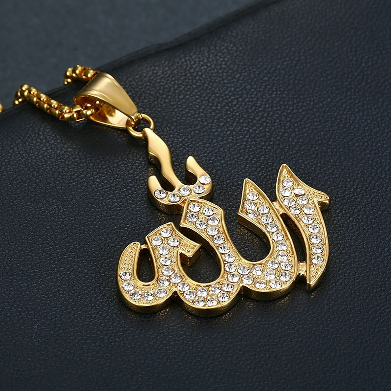 Titanium Steel Gold Plated Diamond Religious Letter Symbol Pendant Necklace