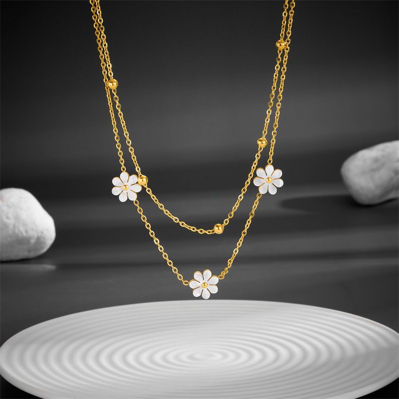 Fashion Jewelry Stainless Steel Flower DaisyFlower Necklace Double Layering Necklace Earrings Jewelry Set