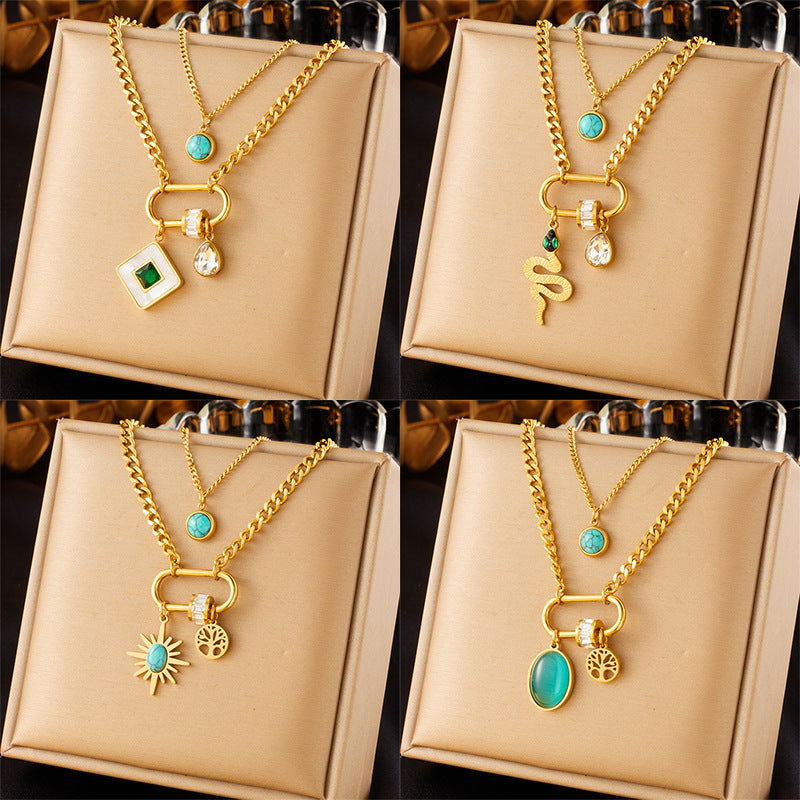 Wishes Double-layer Stainless Steel Gold-plated Chain Turquoise