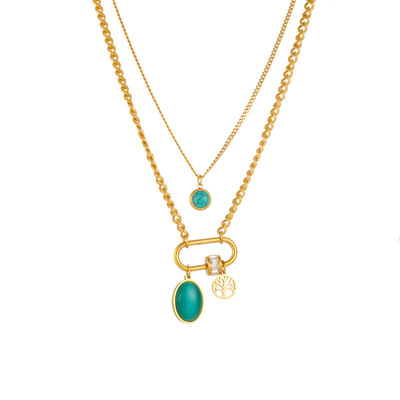 Wishes Double-layer Stainless Steel Gold-plated Chain Turquoise