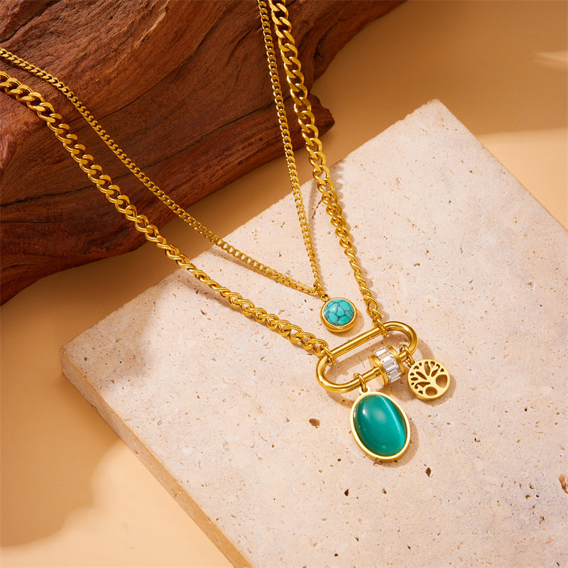 Wishes Double-layer Stainless Steel Gold-plated Chain Turquoise