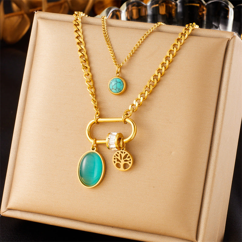 Wishes Double-layer Stainless Steel Gold-plated Chain Turquoise