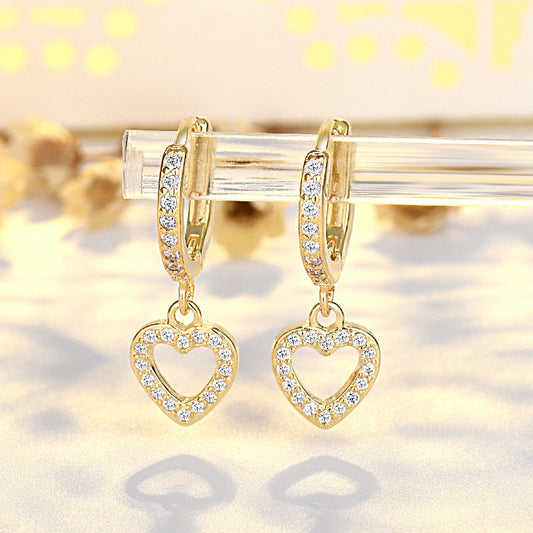 wishes  French Retro S925 Sterling Silver Full Inlaid Love Heart Earrings High-grade Light Luxury Ear Clip Gold Plated