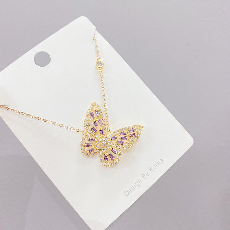 Micropaved Zircon Butterfly Necklace In Real Gold Plated