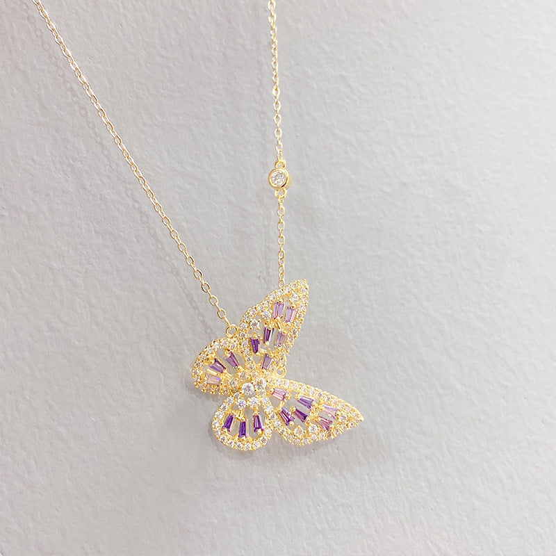 Micropaved Zircon Butterfly Necklace In Real Gold Plated