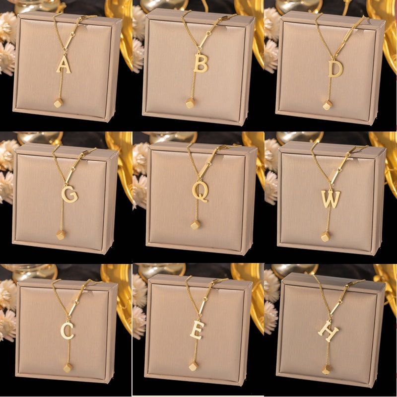 Necklace Ornament Titanium Steel Tassel 26 Letters Female Small Square Pendant Graceful Personality Jewelry