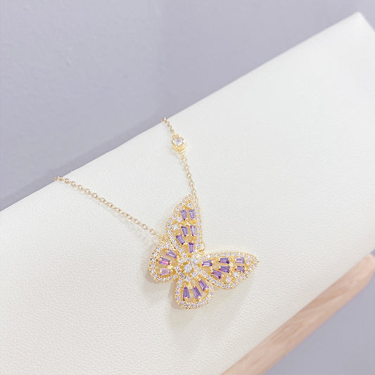 Micropaved Zircon Butterfly Necklace In Real Gold Plated