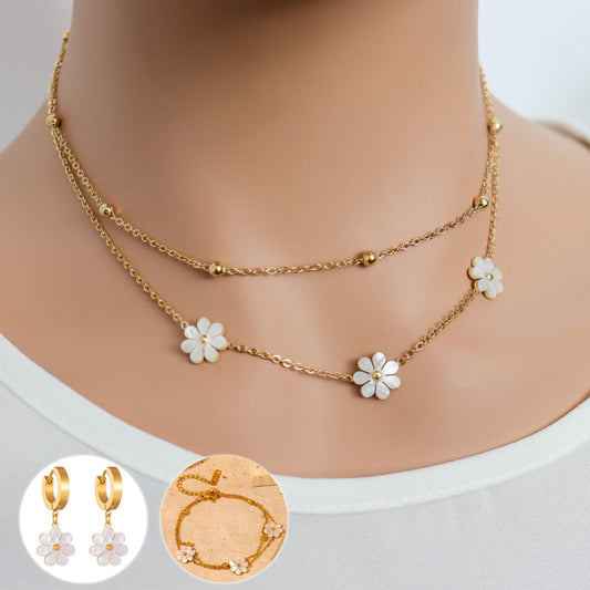 Fashion Jewelry Stainless Steel Flower DaisyFlower Necklace Double Layering Necklace Earrings Jewelry Set