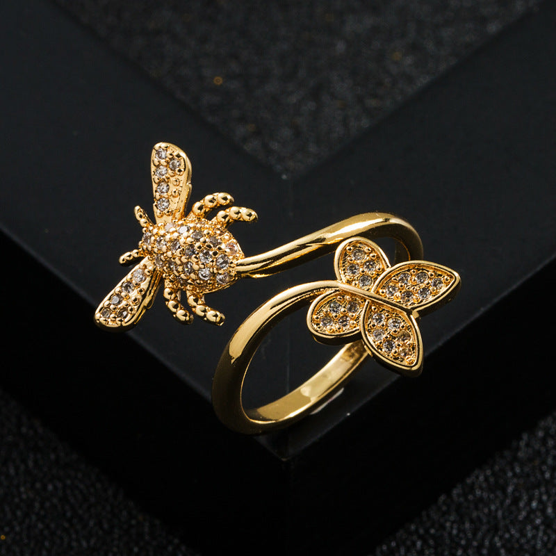 Trendy Copper Gold Plated Micro Set Zircon Bee Ring